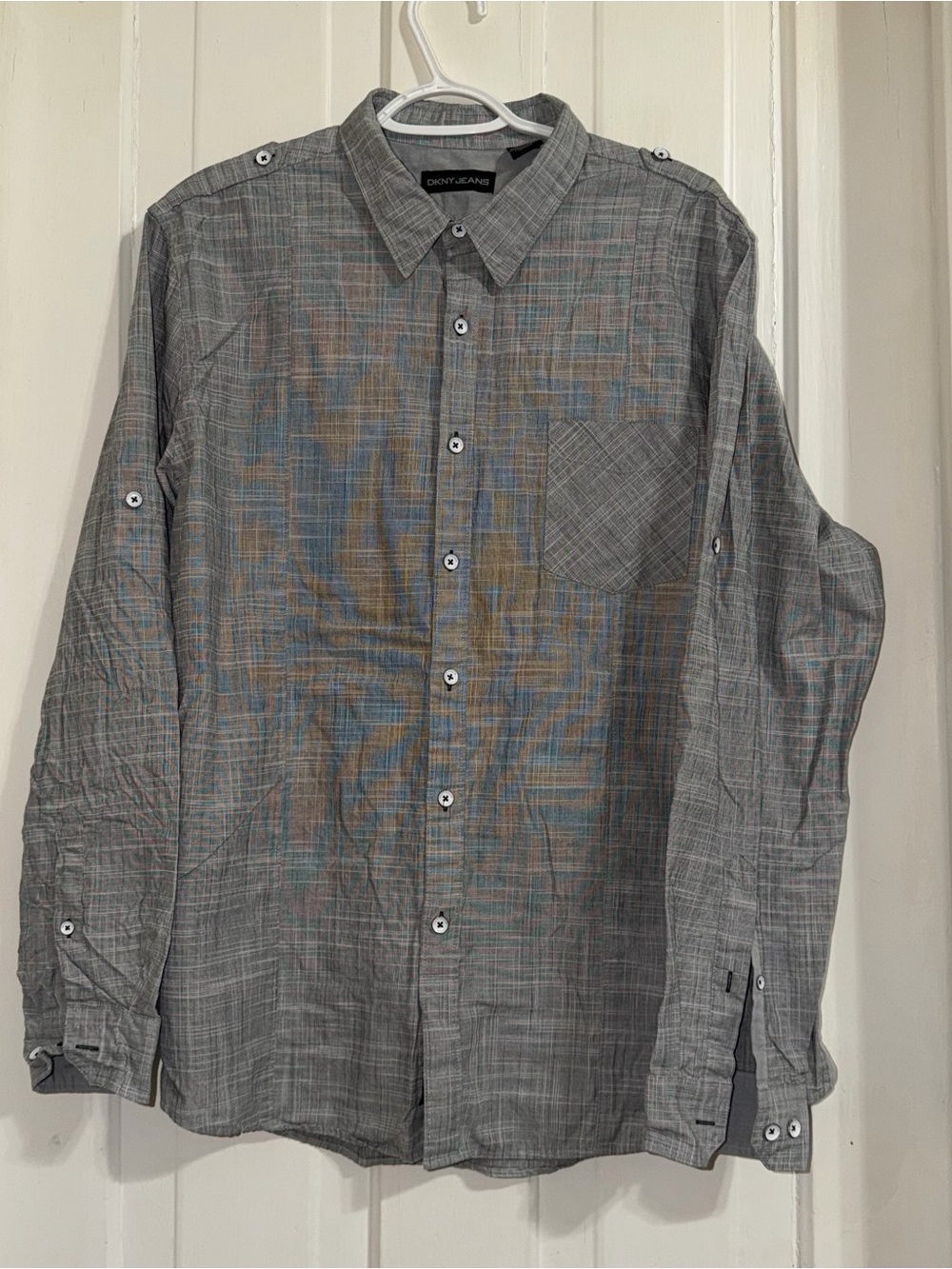Men's size XL DKNY Grey Plaid Long-Sleeve Button-Down Shirt